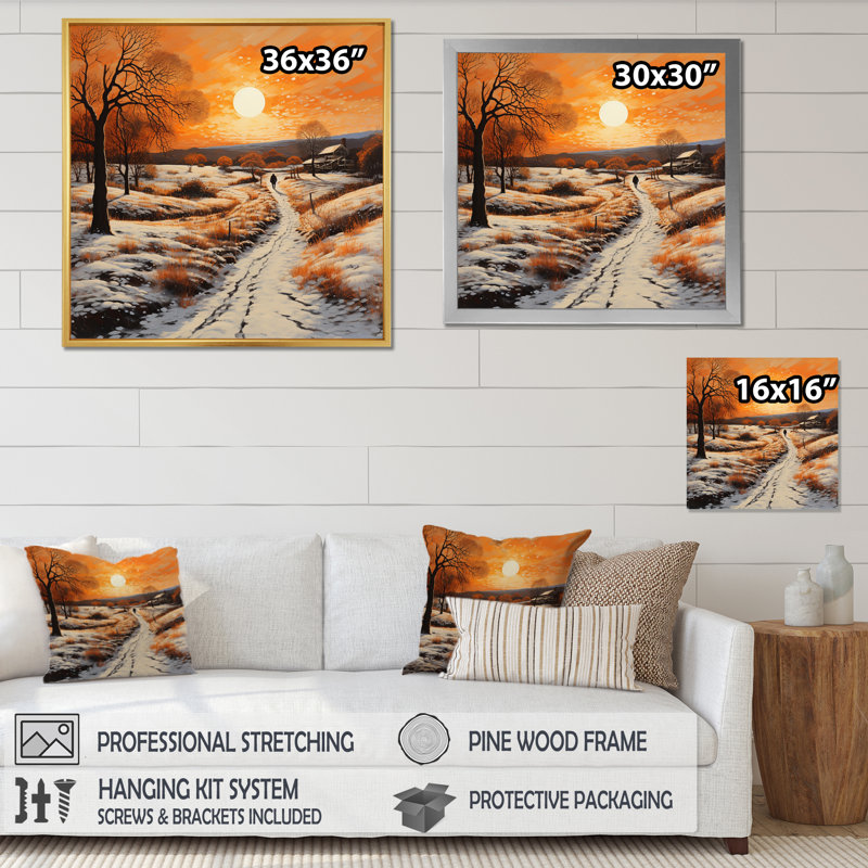 «Orange White Winters Glow Pointillism», reproduction sur toile, Cadre flottant doré, 36" H x 36" W