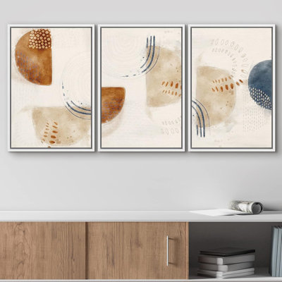 Style Mid-Century industriel, grunge, brun et brun clair, demi-cercles, formes abstraites, art moderne bohème neutre, 3 pièces