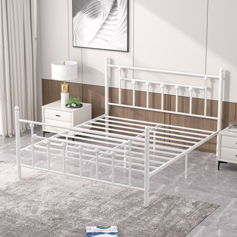 YT Metal Bed Frame w/Headboard and Footboard Platform Bed Frame Single Double Size, White, Double (4'6)