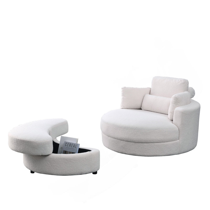 Welike Swivel Accent Barrel Modern Sofa Lounge Club Big Round Chair With Storage Ottoman Linen Fabric For Living Room Hotel With Pillows,Teddy White (Ivory)