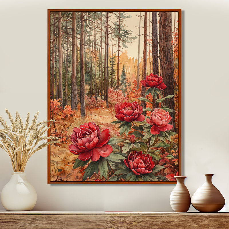 Gladwyn, pivoines parmi les pins d'automne II - pivoines, art mural, H 32 po x l 24 po, Reproduction avec cadre flottant