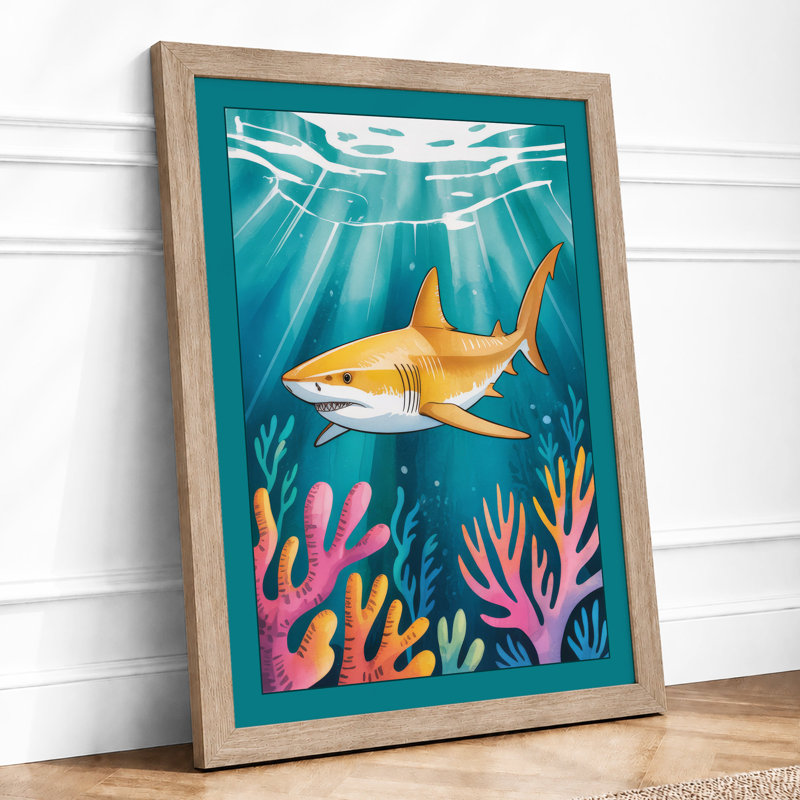 Golden Shark Swimming Coastal - Print, A1 - 84.1 x 59.4 cm, Oak