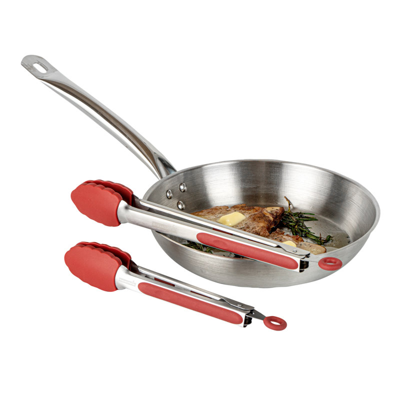 Ensemble de pinces de cuisine 9 et 12 pouces pour restaurant, 1 pince à vaisselle lavable - Tête en silicone festonnée, poignée avec repose-pouce, pinces en acier inoxydable rouge pour la cuisson, verrou facile à tirer
