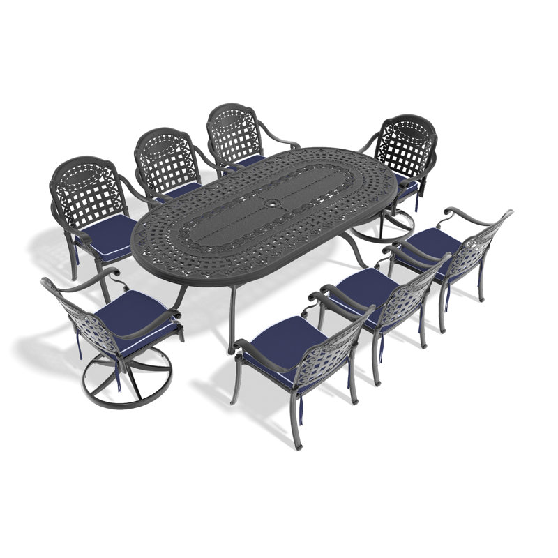 Ensemble de salle à manger 9 pièces en fonte d'aluminium toutes saisons comprenant 2 chaises pivotantes, 6 chaises et une table ovale avec cadre noir