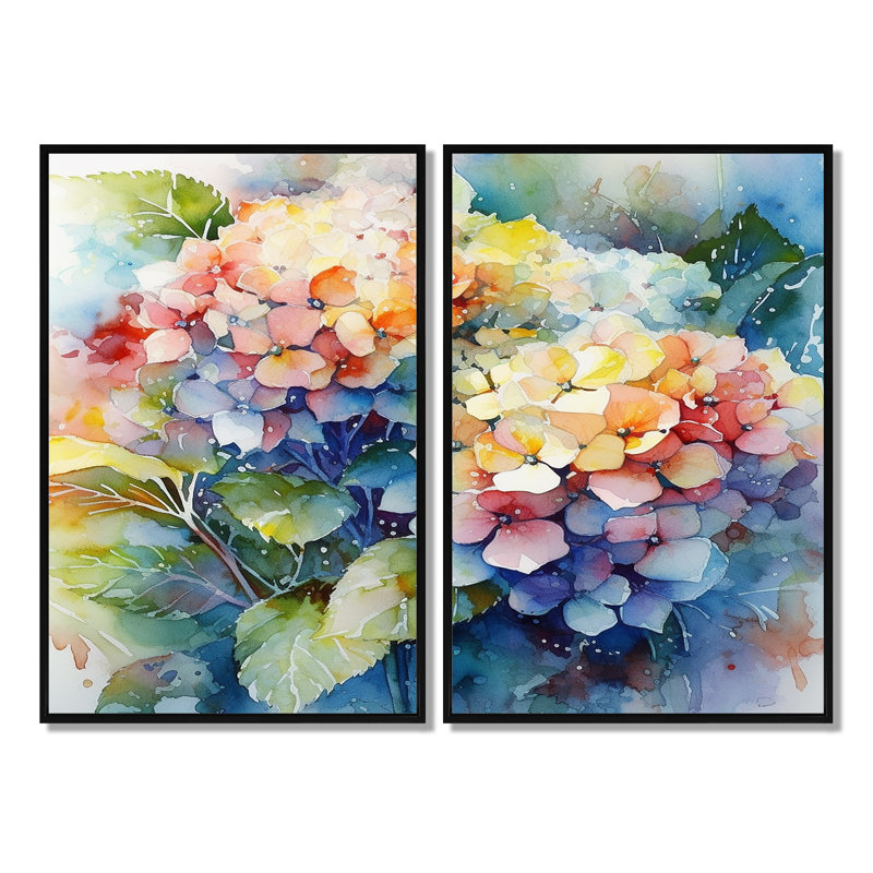 Décoration murale bleu et vert hydreangea - hortensia floral, H 36 po x l 48 po, Reproduction encadrée sans passe-partout