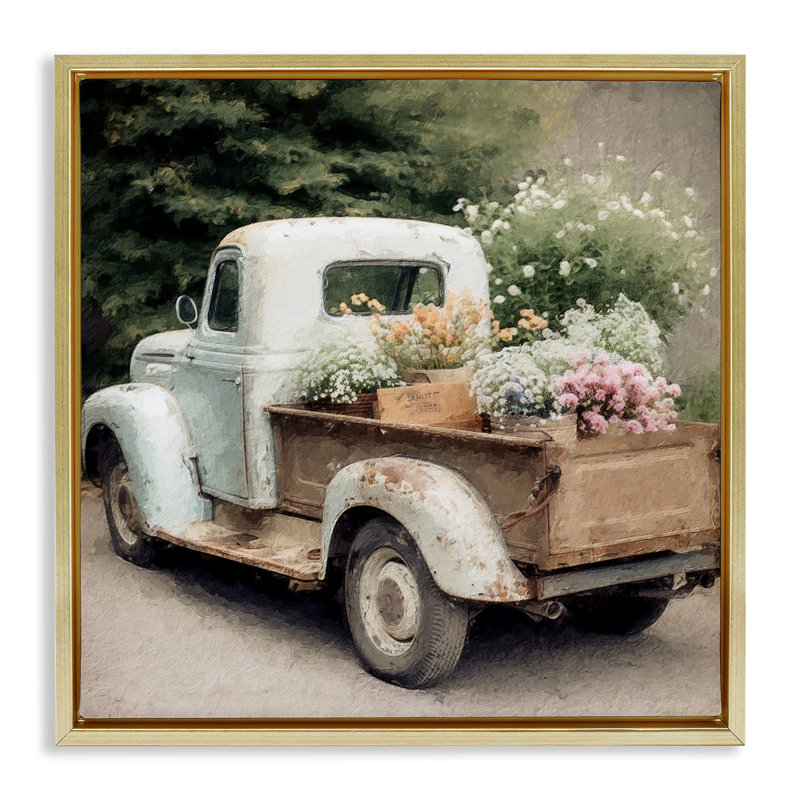Fleurs de campagne en camion, Cadre flottant métallique doré, H 25 po x l 25 po