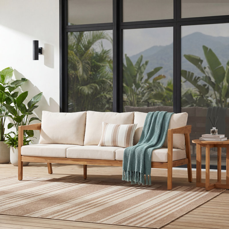 Canapé d'extérieur moderne en bois d'acacia 3 places avec coussins de 76,38 po de largeur Ugarte, Beige