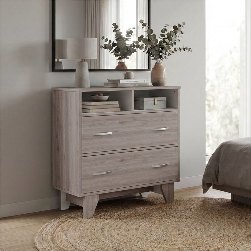 Portonova 31.5" W, 2-Drawer Dresser with Dual Open Storage Shelves, Spacious Superior Top Surface and Four-Legs, Light Gray