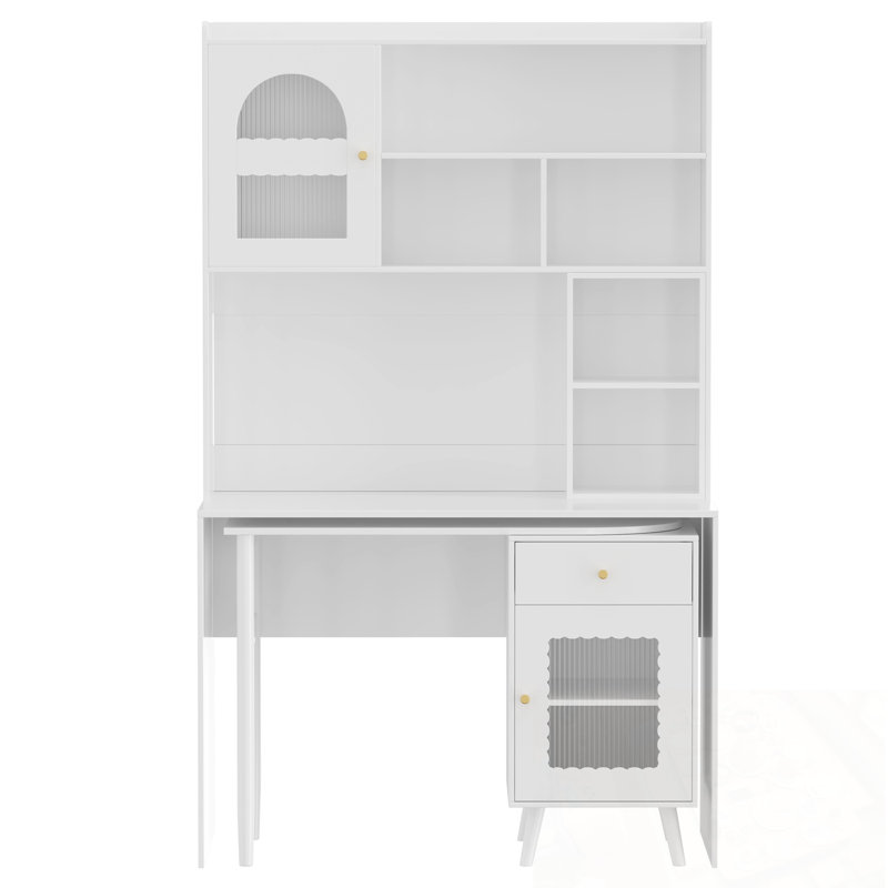 Table d'écriture avec bureau rotatif et tablettes ouvertes, Blanc