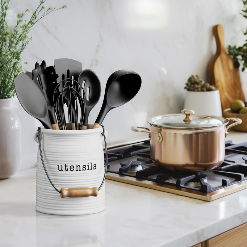 Porte-ustensiles de cuisine en céramique Farmhouse, pot décoratif rustique, organisateur de comptoir (blanc)
