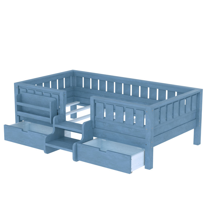 Lit de jour simple avec 2 tiroirs et garde-corps double, Bleu