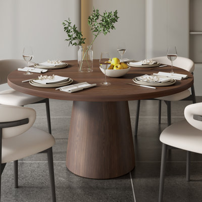 Modern Solid Wood Round Dining Table With Dark Walnut Thickened Top