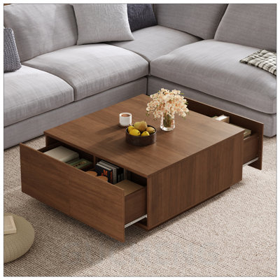 Square Coffee Table with 4 Spacious Drawers, Perfect for Organized Storage and Classic Aesthetic in Small to Medium Living Spaces.