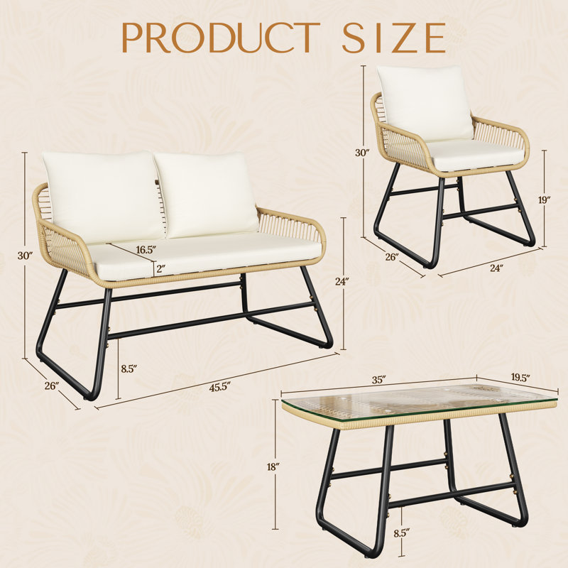 Ensemble de conversation pour 4 personnes avec table basse, causeuse et 2 chaises de conversation, Crème, crème