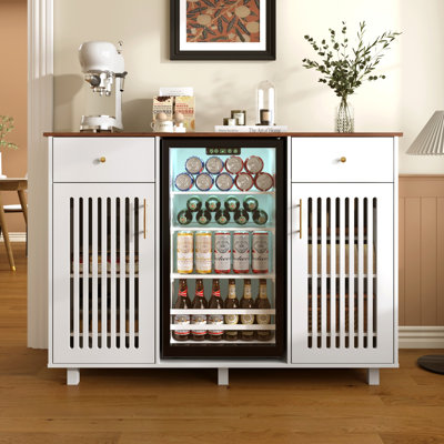 Meuble-bar à café moderne avec réfrigérateur, meuble à vin avec rangement pour bouteilles, prise électrique et étagères réglables.