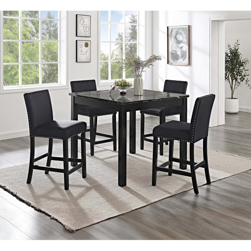 Ensemble de salle à manger à hauteur de comptoir 5 pièces, table carrée en faux marbre avec 4 chaises capitonnées