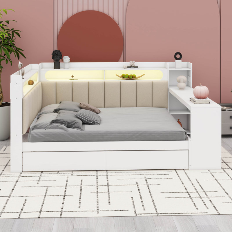Full Size Daybed With Storage Drawers & Desk, L-Shaped Corner Bed With LED Bookcase, White