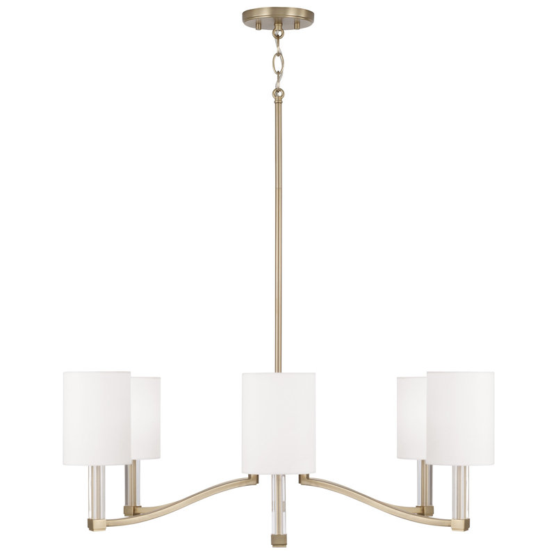Lustre à 6 lumières en laiton mat avec accents en acrylique transparent et abat-jour cylindriques en tissu blanc