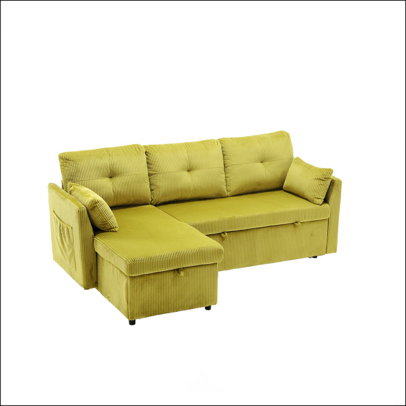 Modular L-Shaped Sofa, Modular Long Sofa with Reversible Chaise Lounge, Olive Corduroy