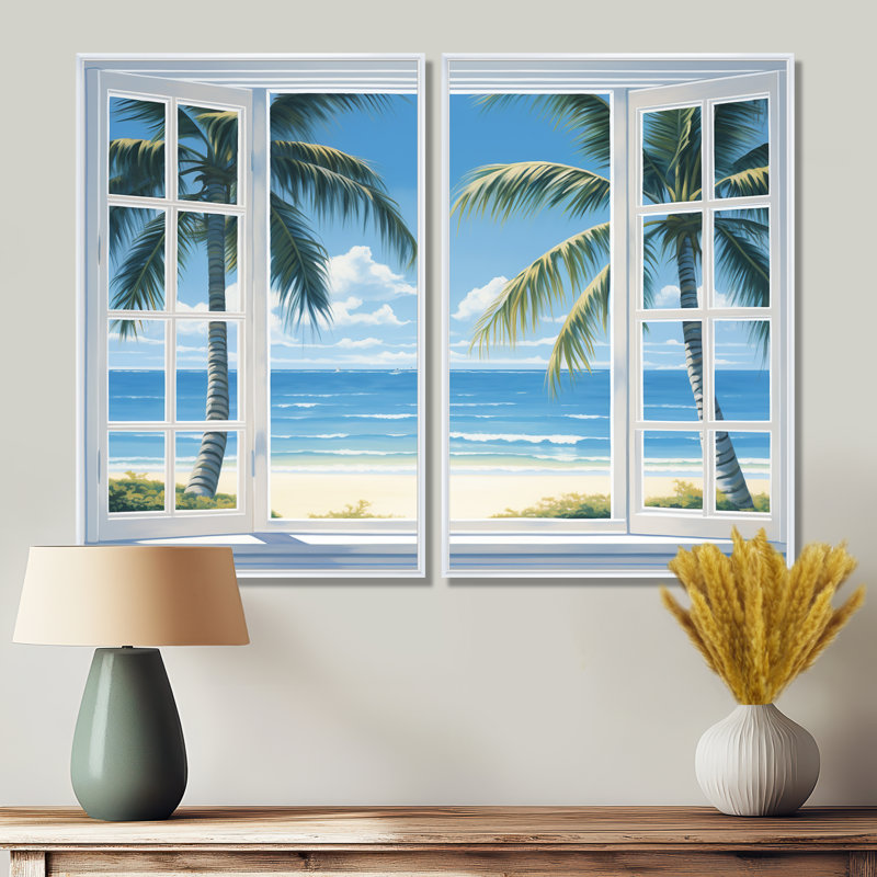 Oceanview Through Open White Window I - Coastal Oversized Canvas Wall Art, 36" H x 48" W, Framed Print without Mat, White