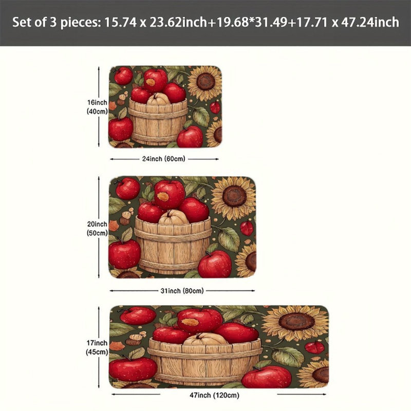 Autumn Apple Sunflower Set Of 3 Kitchen Rug For Kitchen, Mudroom, Green Red
