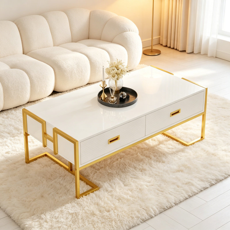 Table basse moderne blanche moderne avec 4 tiroirs et base dorée, Blanc