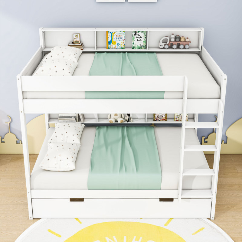 Lit superposé en bois avec lit gigogne simple et tablettes, Lit double, Blanc