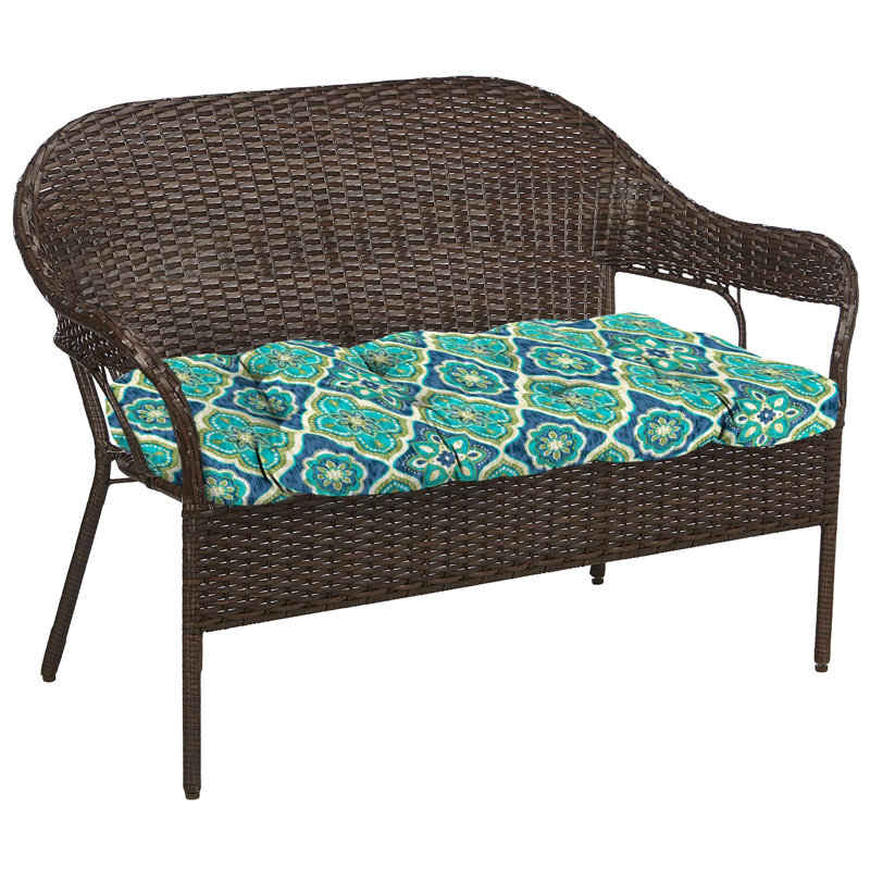 Sunbrella 44" x 18" Contoured Outdoor Wicker Bench Cushion, Adonis Capri Geometric