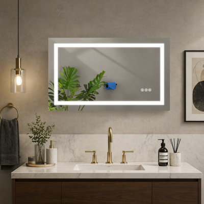 Miroir de salle de bain 36 po x 28 po à DEL avec anti-buée, mémoire, 3 couleurs, à intensité variable et miroir mural
