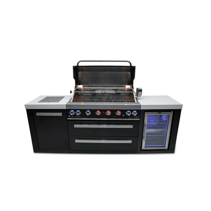 Mont Alpi 6-Burner 115000 BTU Black Stainless Steel Outdoor Kitchen Island BBQ Grill + Refrigerator