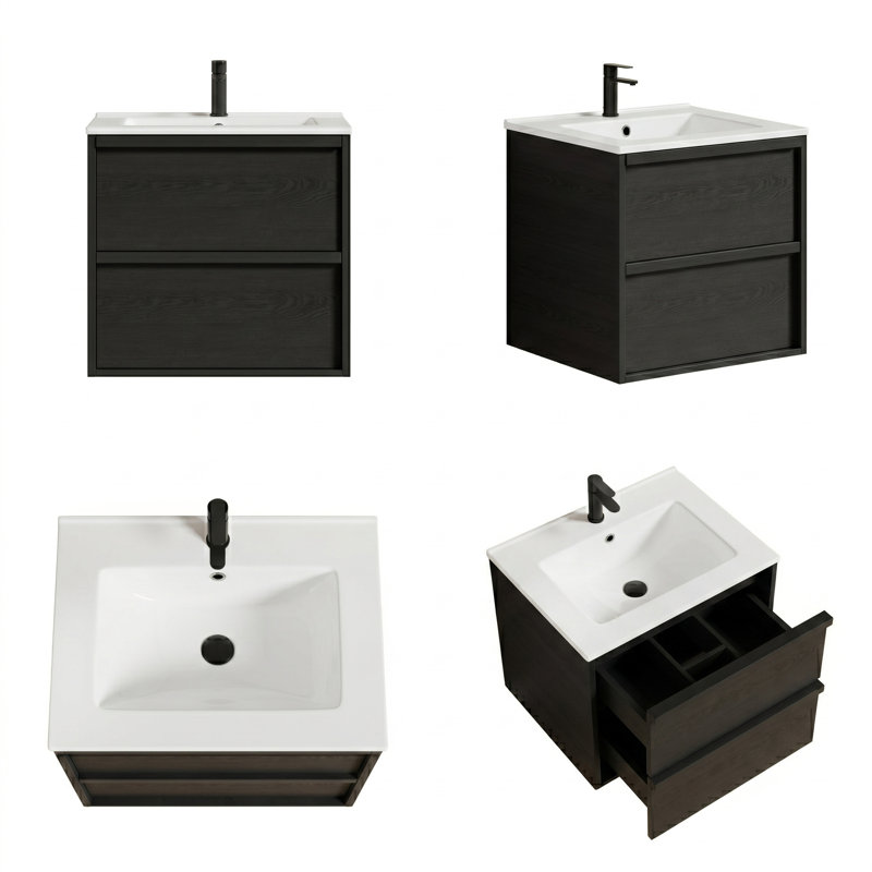 Meuble-lavabo flottant moderne 24 po / 30 po / 36 po avec lavabo en céramique, armoire en bois aggloméré imperméable et 2 tiroirs, noir mat