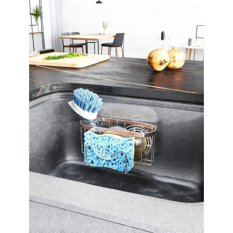 Organisateur multifonctionnel d'évier de cuisine en forme de M avec installation double, support en éponge antirouille pour brosses, bouchons d'évier et grattoirs