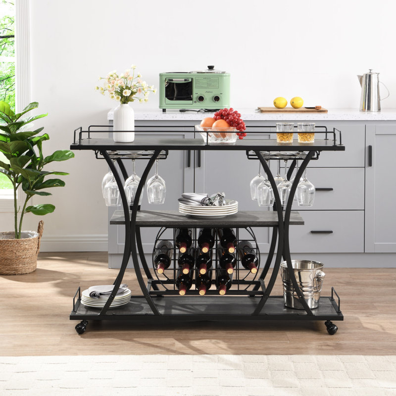 Kitchen Bar Cart With Wine Rack Tempered Glass Metal Frame Wine Storage, Gray