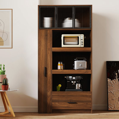 70.87" Tall Kitchen Pantry Cabinet With Multi-Functional Pull-Out Multi-Tier Storage Shelf, 1 Drawers,With Aluminum Frame Glass Door,Freestanding Food Hutch With Microwave Stand For Dining Room