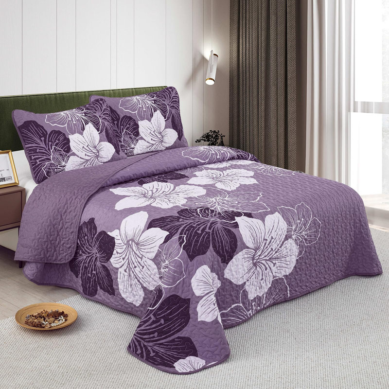 3 Piece Botanical Floral Quilt Set  with Pillow Shams Soft Lightweight Flower Bedding Set for All Season, Dark Purple