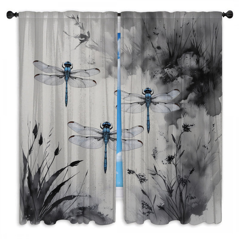 Rideaux de fenêtre bleu et bleu ciel avec libellule aquarelle, 40 po x 60 po - 2 panneaux, Obscurcissement de chambre