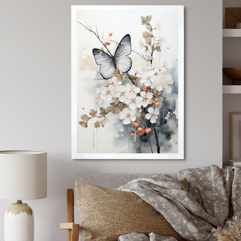 Keishasha, art asiatique, papillon blanc et gris sur toile, H 20 po x l 12 po x P 1 po, Cadre photo blanc