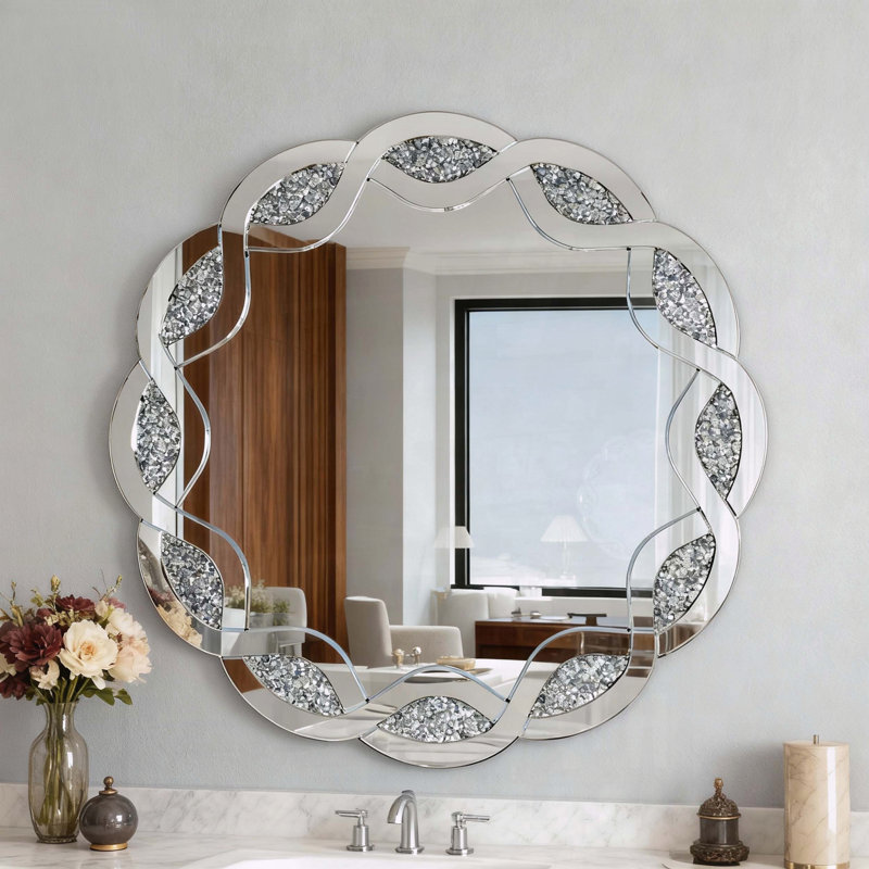 Miroir mural rond Silver Crush Diamond, 80 cm (31,5 pouces), cadre ondulé, idéal pour le salon, la salle de bain, la chambre ou le couloir.