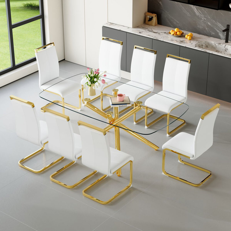 Ensemble de tables de salle à manger 71 "en verre moderne avec chaises en cuir - Ensemble de table de salle à manger de luxe pour 6 à 8 personnes