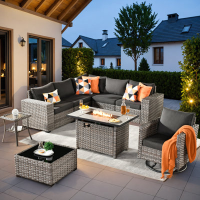 6-person Outdoor Sectional With Cushions,swivel Rockers And Fire Pit,all-weather Wicker Patio Set