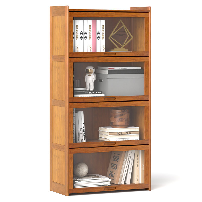 Bibliothèque à 4 niveaux en bambou avec portes et bibliothèque autoportante en acrylique transparent, Brun