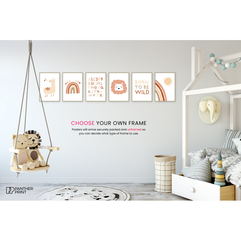 Brown Alphabet Sticks, Born To Be Wild, Rainbow And Sun, Rainbow Heart, Lama And Lion - 6 Piece No Frame Print Set