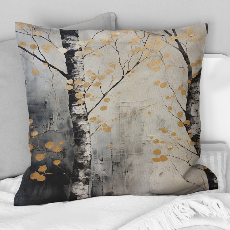 Arbre à fleurs monochromes gris et or - Coussin décoratif imprimé arbre monochrome