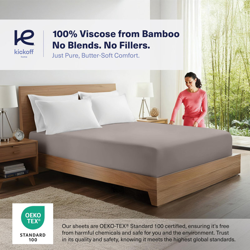 100% Viscose from Bamboo Fitted Sheet Only, 300 Thread Count, Extra Deep Pocket, Elastic with 4 Corner Straps, Cooling & Breathable, Bedding Sheets for Hot Sleepers - Gift-Ready Packaging (Gray Mist)