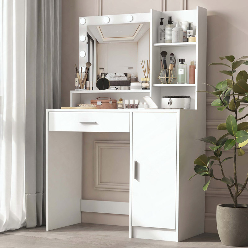 Bureau de coiffeuse avec miroir et lumières, grand tiroir et rangement à 3 niveaux