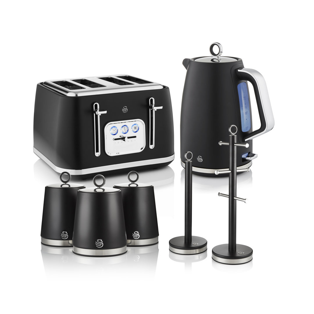 Swan Black Serenity Complete Essentials Bundle 1.7L Rapid Boil Kettle 4 Slice Toaster 3 Canisters Towel Pole Mug Tree - Image 5
