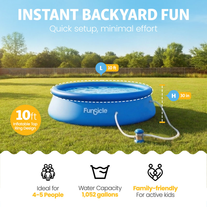 Funsicle 10' x 30" QuickSet Inflatable Ring Top Outdoor Above Ground Pool w/Pump, 10'W x 30"H, FiltraBoost Pump