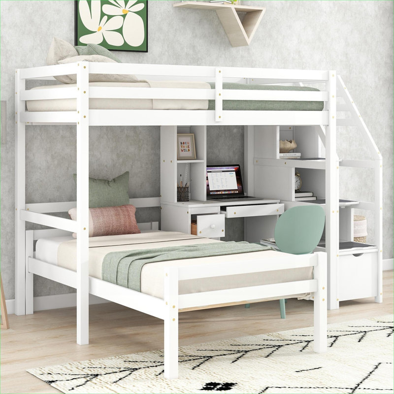 Platform Loft Bed Multi-Sleeper Storage Solid Pine Construction Twin Size Crisp White With Separate Bed Desk and Drawers