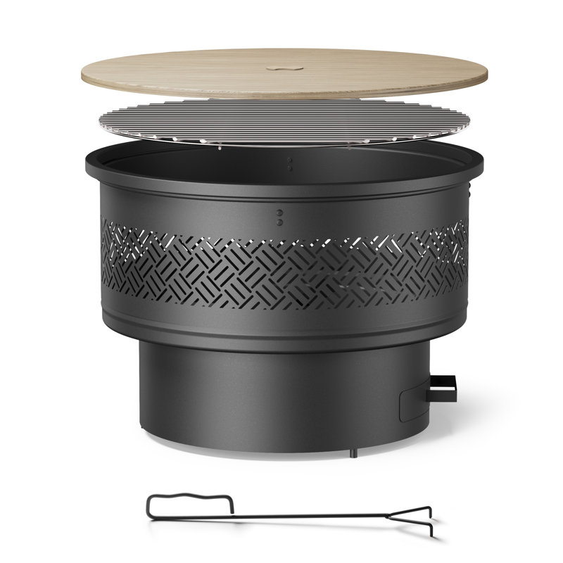 26" Wood Burning Fire Pits With Grill & Lid, Fire Pit Table For Outside With Waterproof Cover & Fire Poker, Outdoor Firepit With Functions For Bbq,table And Bonfire