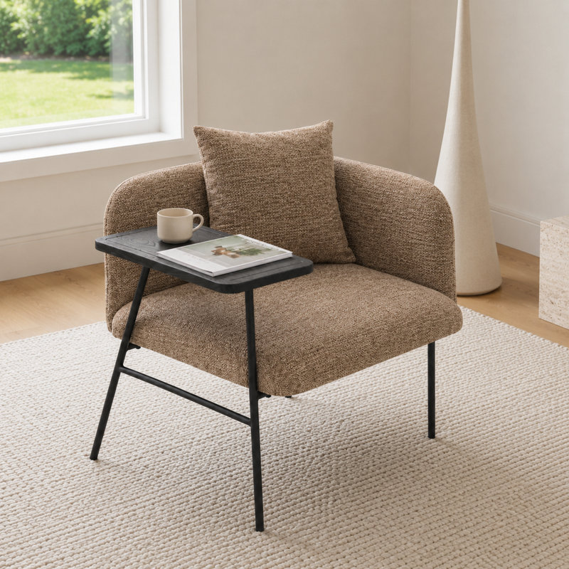 Canapé simple rembourré de détente moderne avec petit dossier de table intégré, pieds en métal et poches latérales pour le salon, la chambre et le jardin